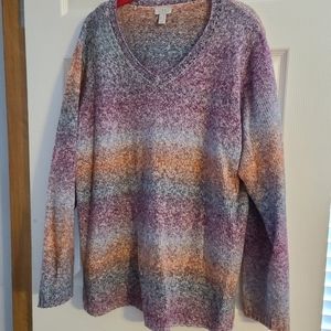 LOGO Lori Goldstein 1X V-Neck Ombre Stripe Sweater Summer Fig Purple Orange